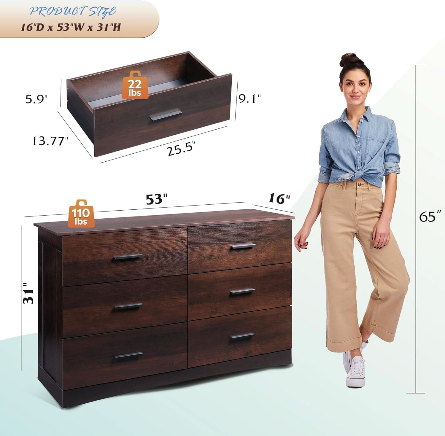 Wood Dresser For Bedroom, Brown 6-Drawer Chest Of Drawers