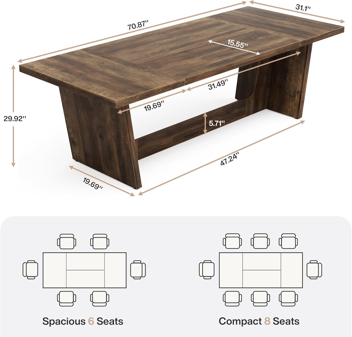 Wood Rectangular Dining Table 70 Inch For Six To Eight