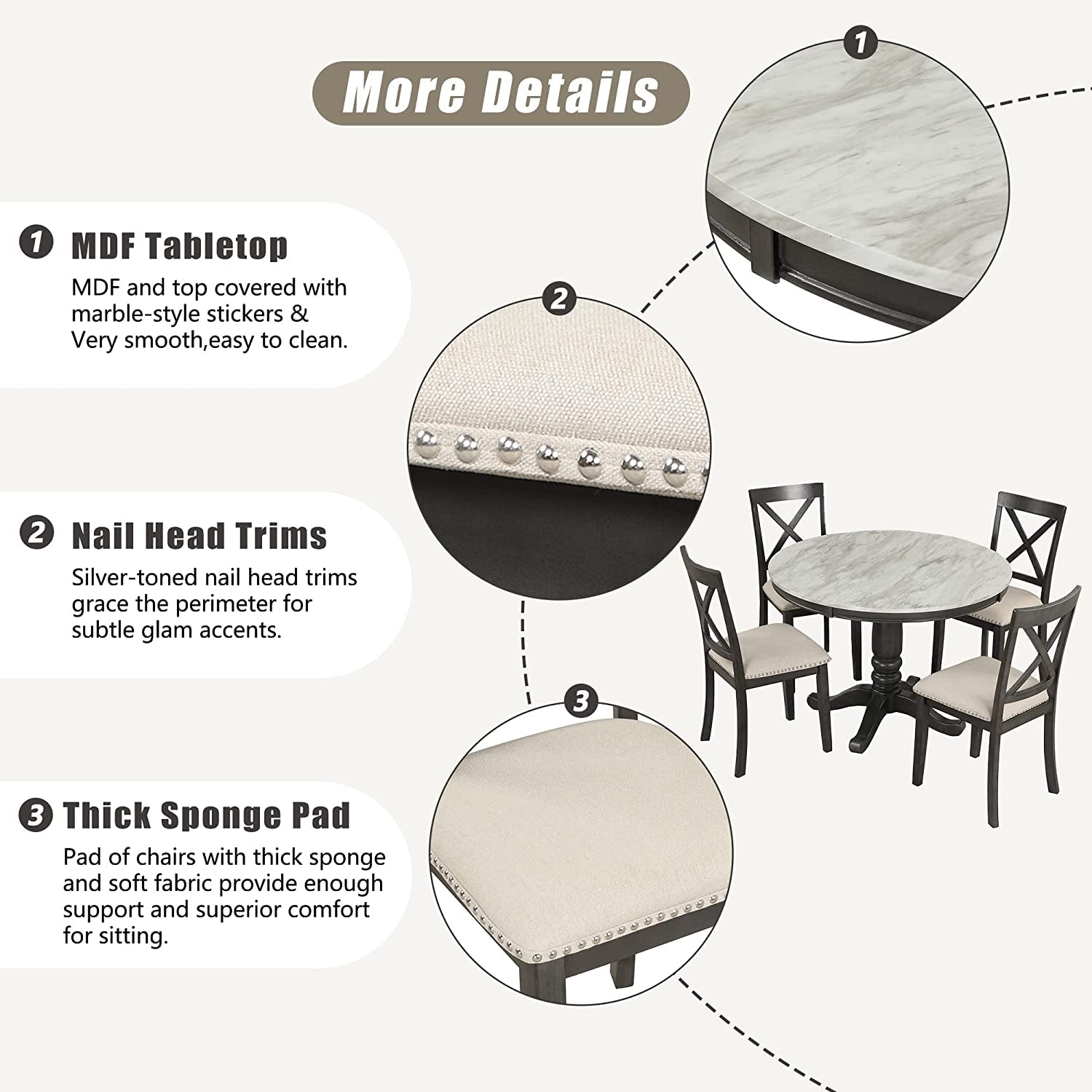 Wood Round Dining Table Set With Cushioned Chairs Pedestal