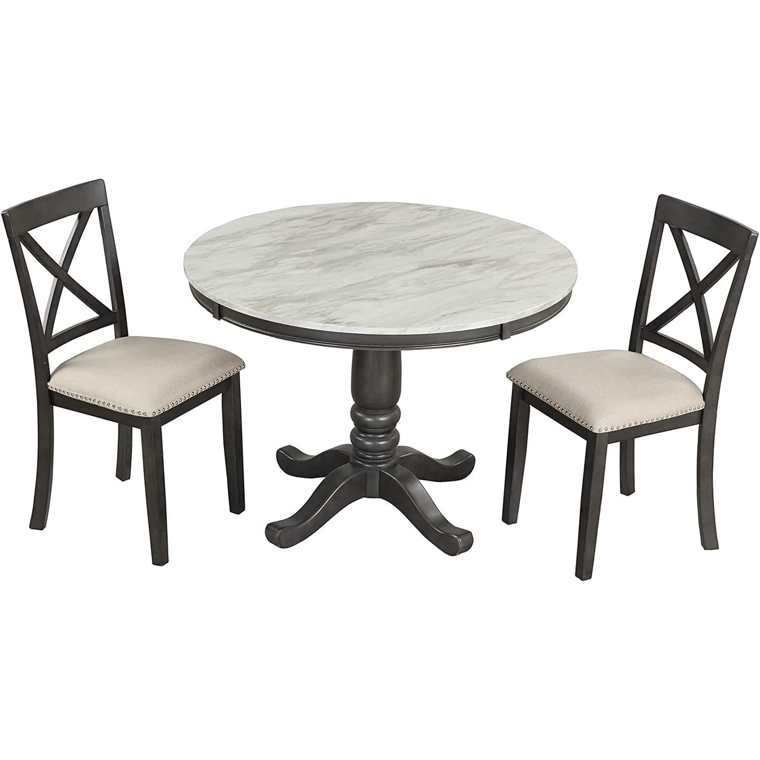Wood Round Dining Table Set With Cushioned Chairs Pedestal