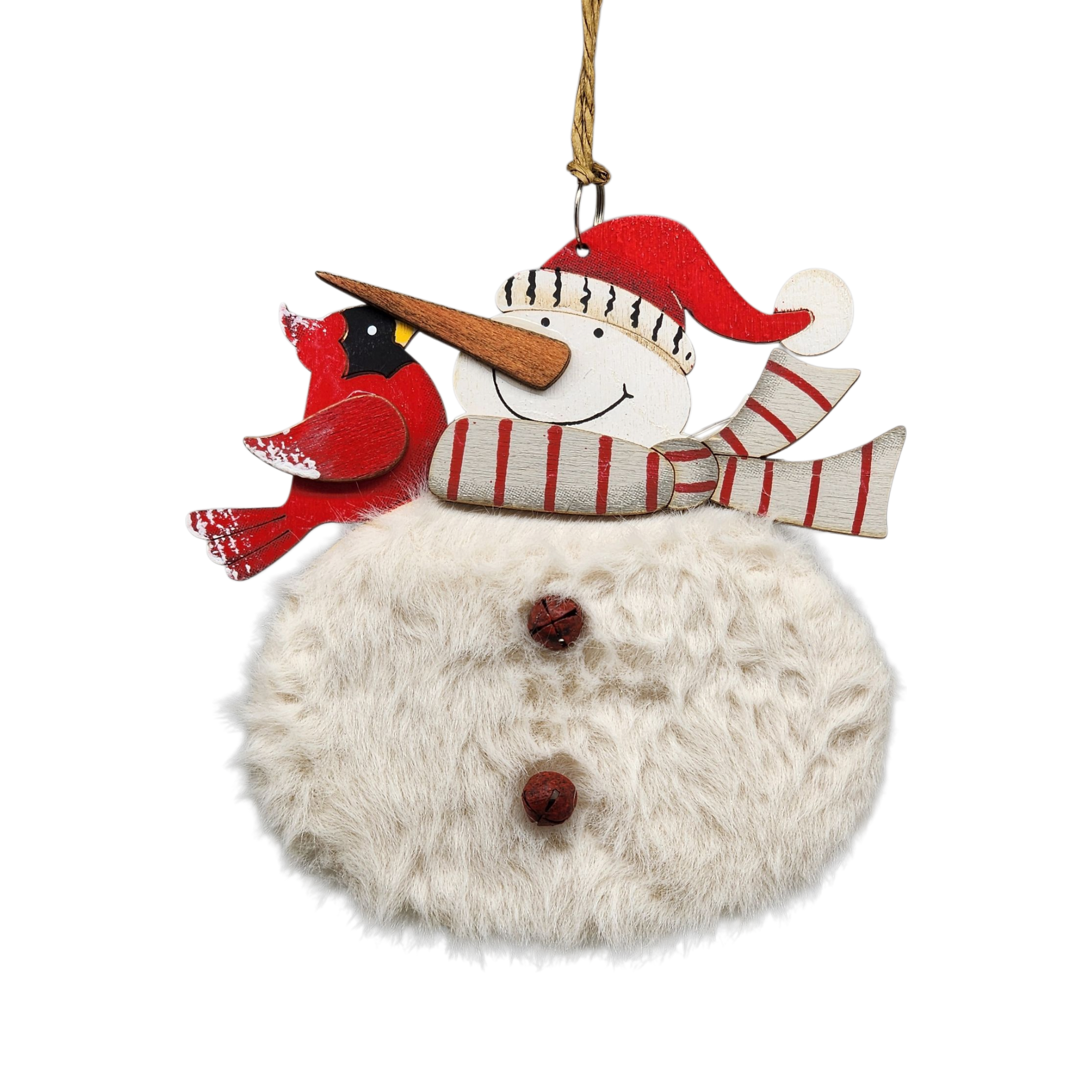Wood and Fur Snowman Ornament - Grey Scarf with Cardinal