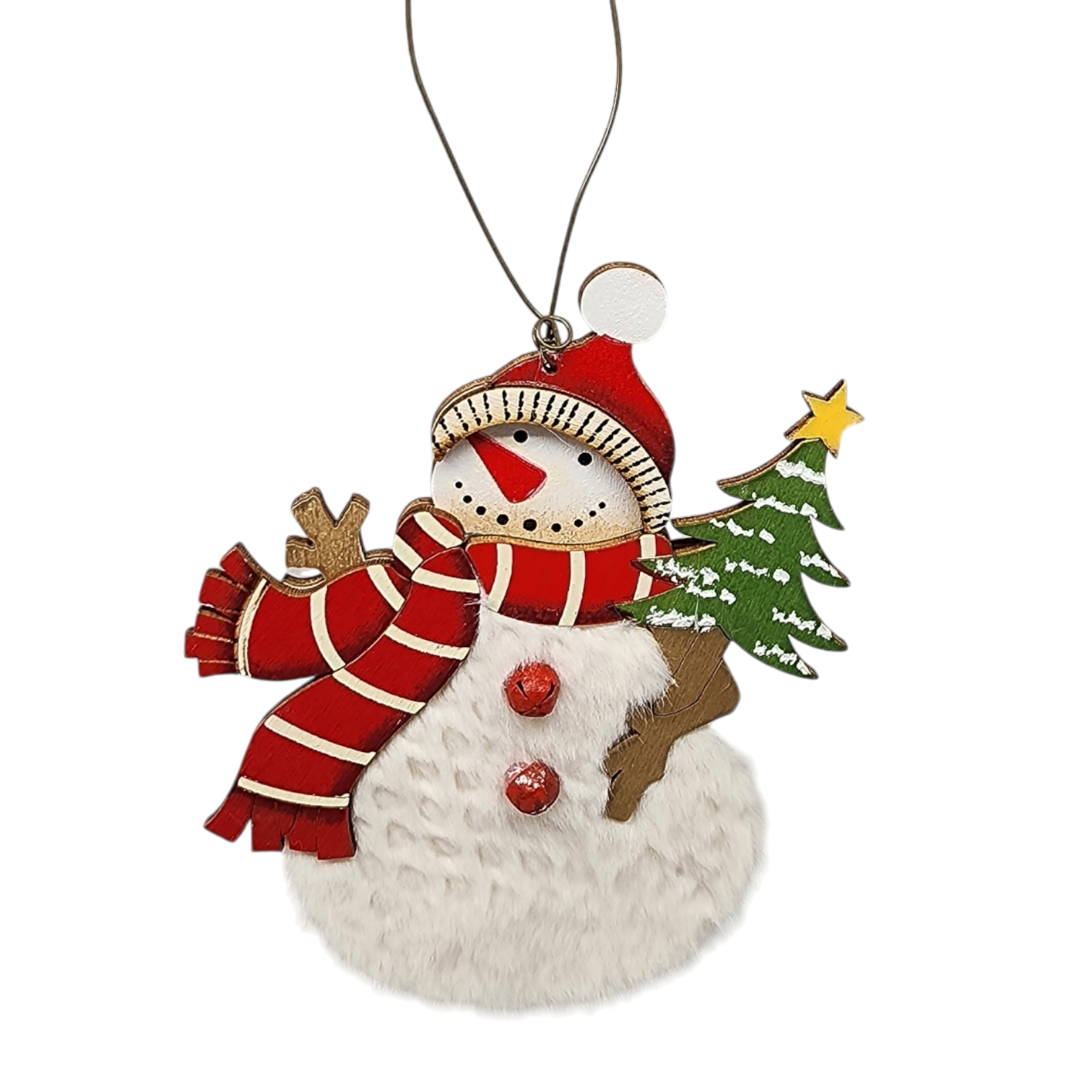 Wood and Fur Snowman Ornament - Holding a Tree