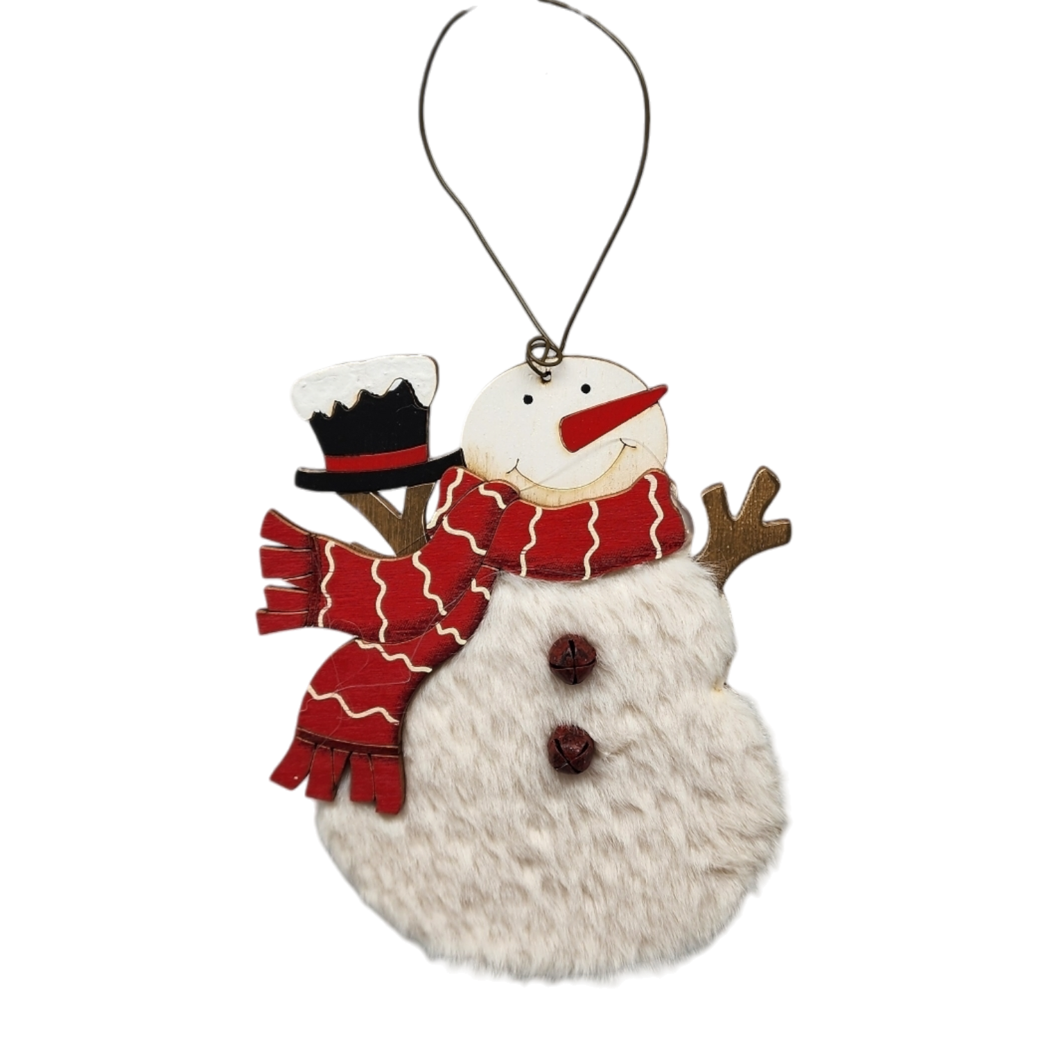 Wood and Fur Snowman Ornament - Holding his Tophat