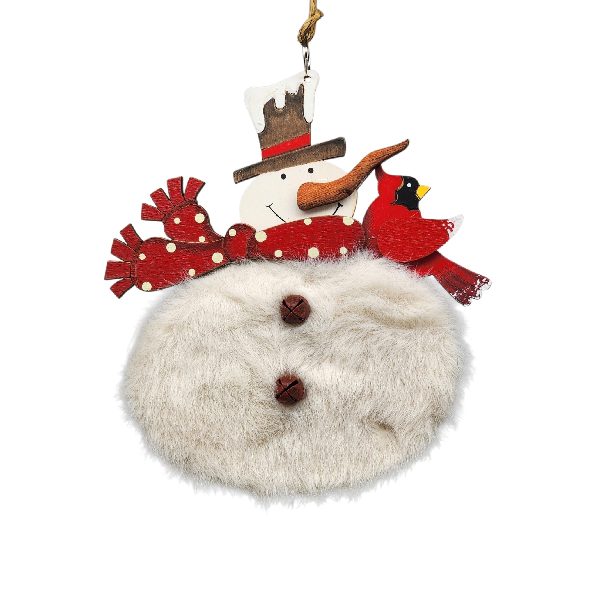 Wood and Fur Snowman Ornament - Red Scarf with Cardinal