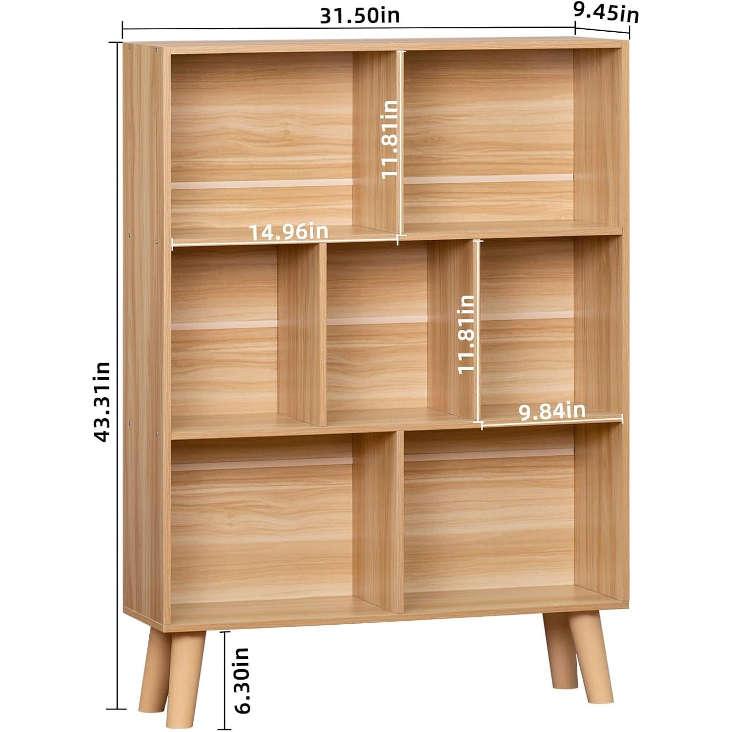 Wooden 7 Cube Bookshelf Natural Finish 3 Tier Freestanding