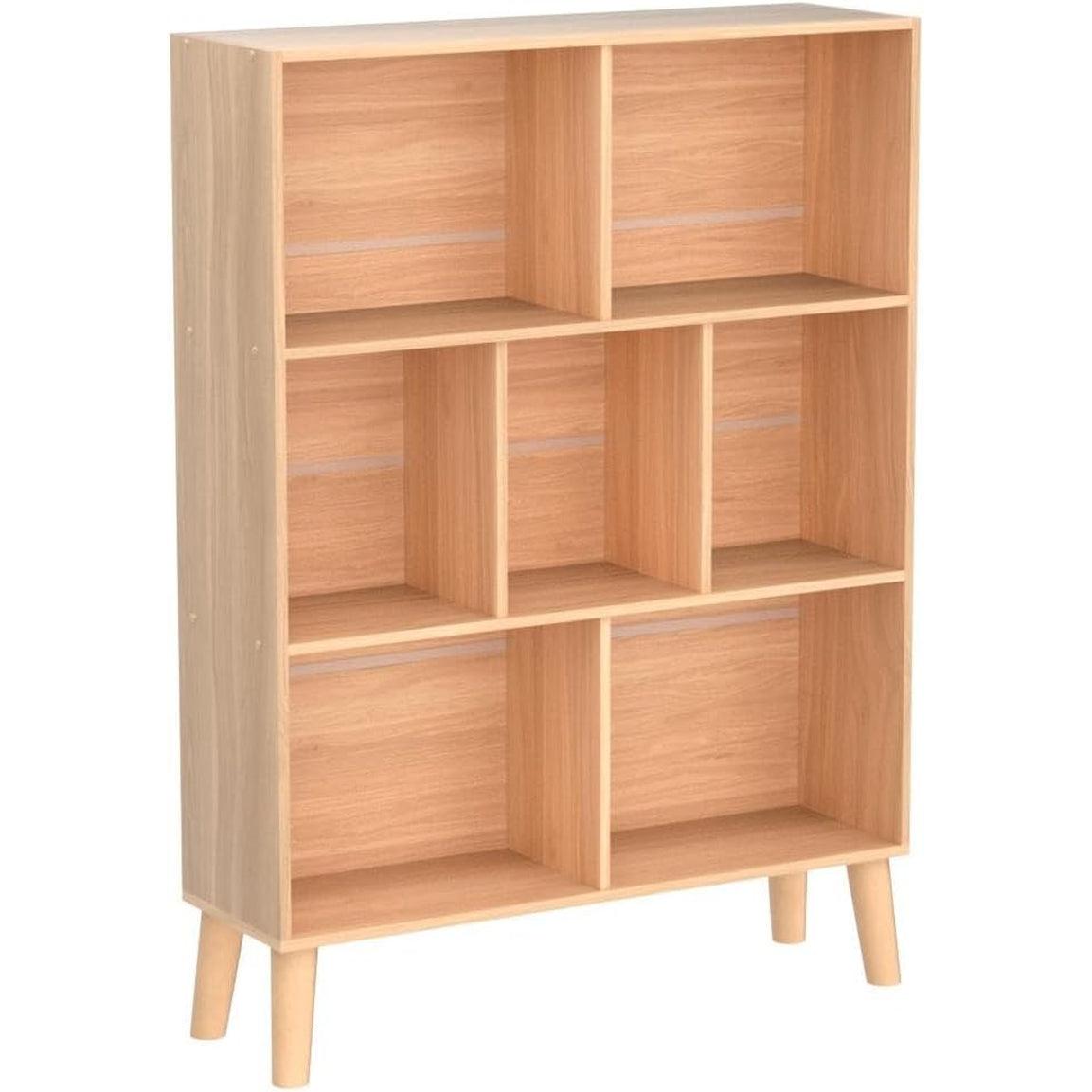 Wooden 7 Cube Bookshelf Natural Finish 3 Tier Freestanding