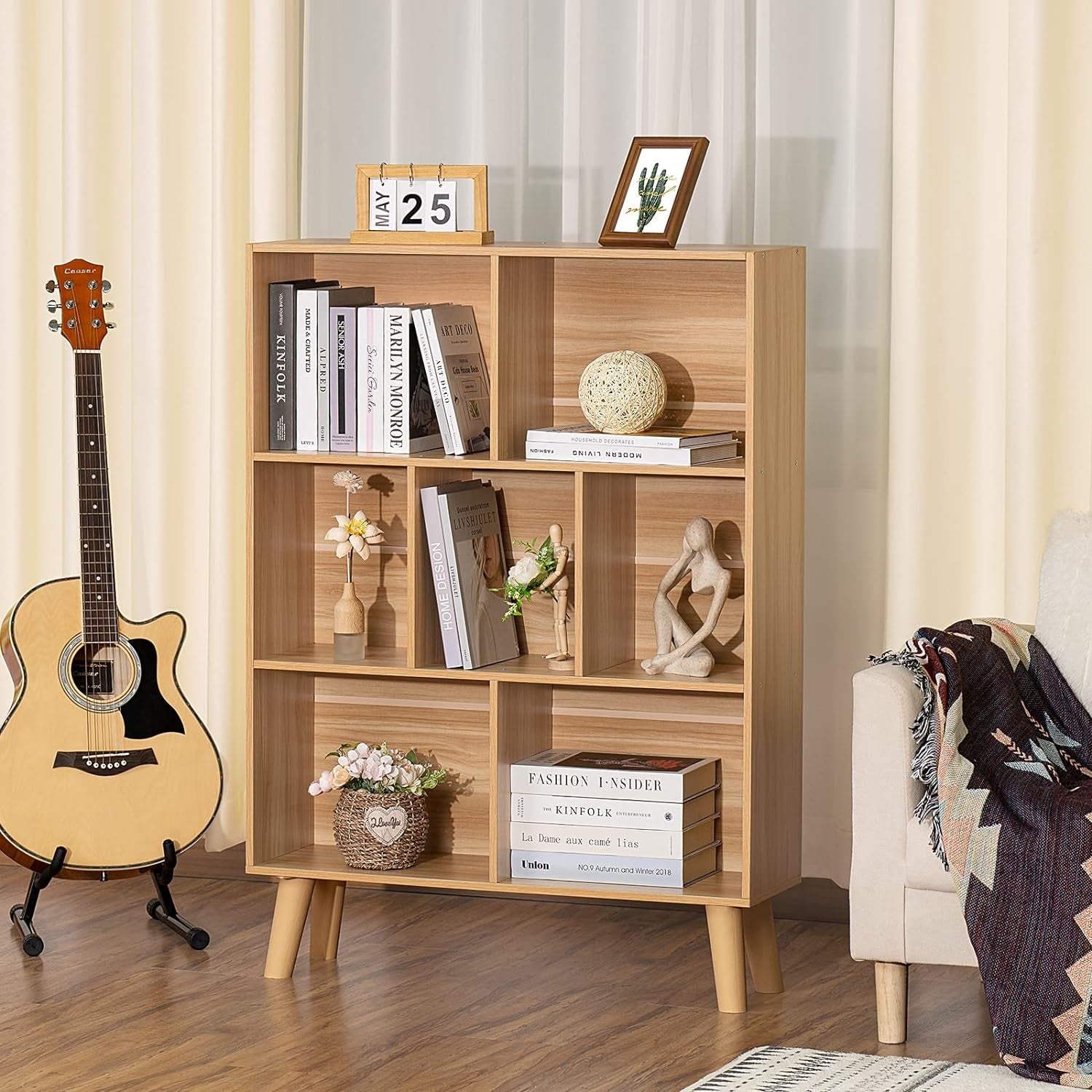 Wooden 7 Cube Bookshelf Natural Finish 3 Tier Freestanding