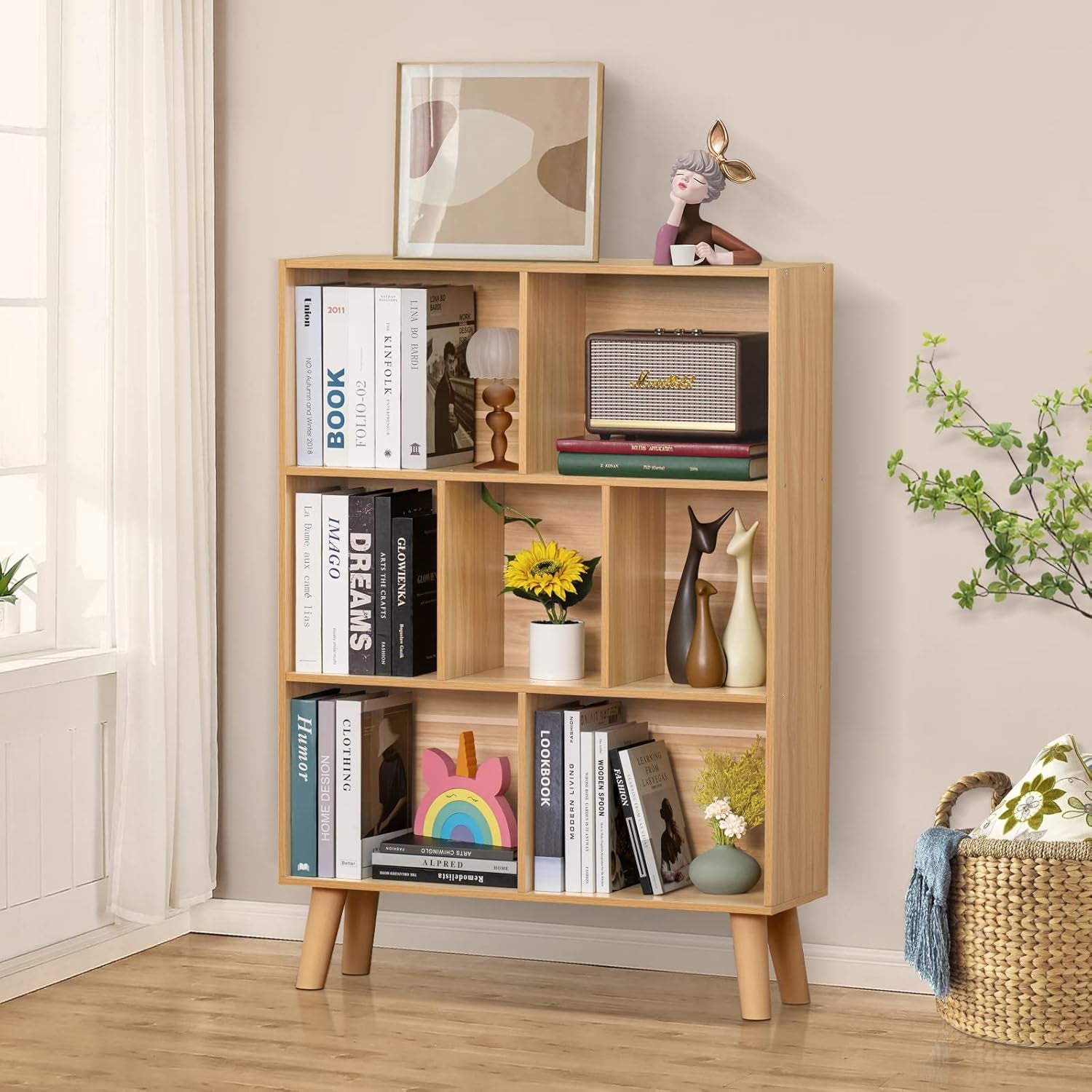 Wooden 7 Cube Bookshelf Natural Finish 3 Tier Freestanding