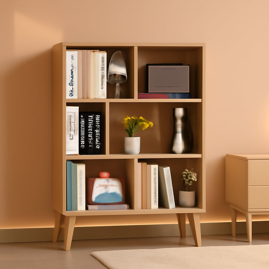 Wooden 7 Cube Bookshelf Natural Finish 3 Tier Freestanding