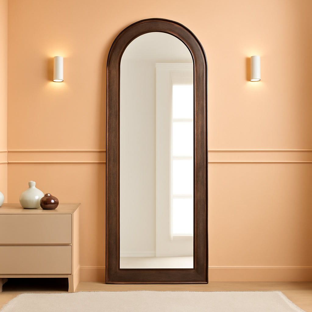 Wooden Arched Floor Mirror 64x21 Inch Coffee Color