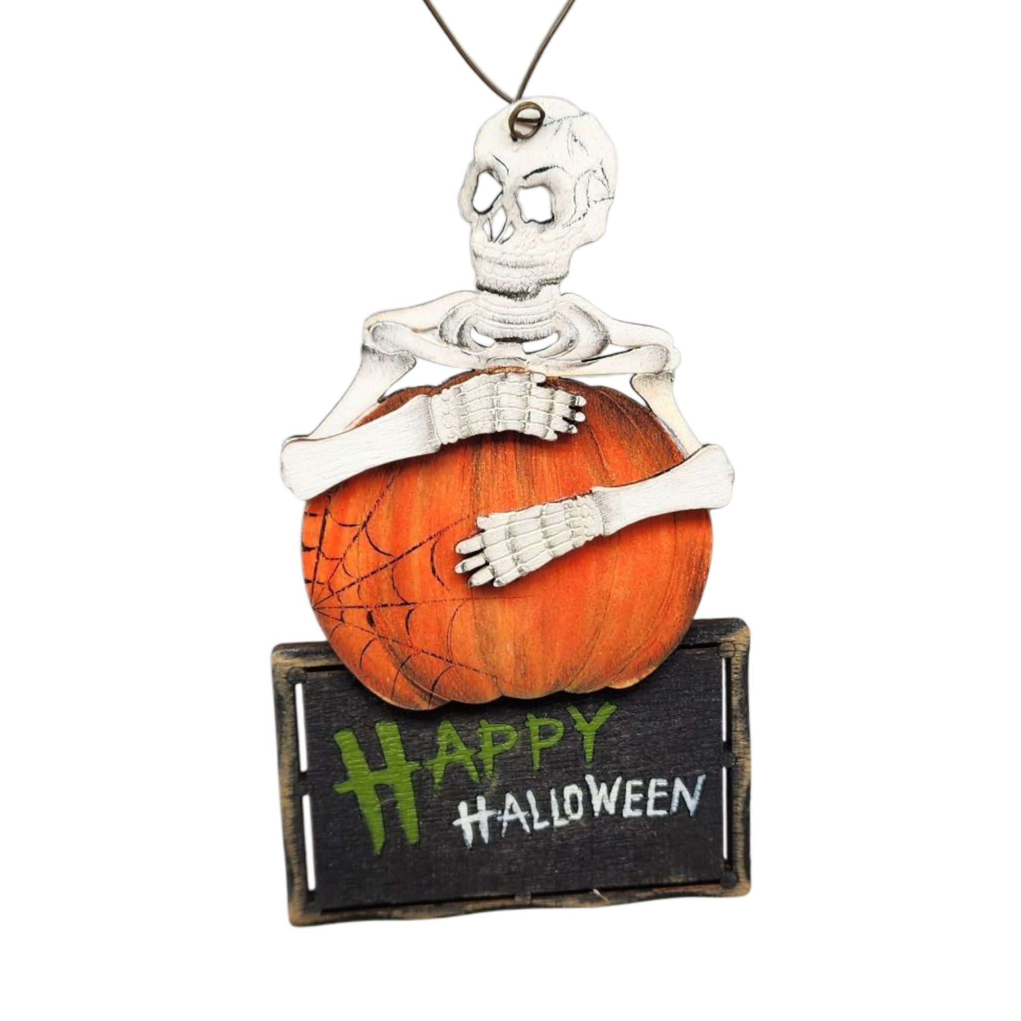 Wooden Halloween Ornament - Skeleton on a Pumpkin