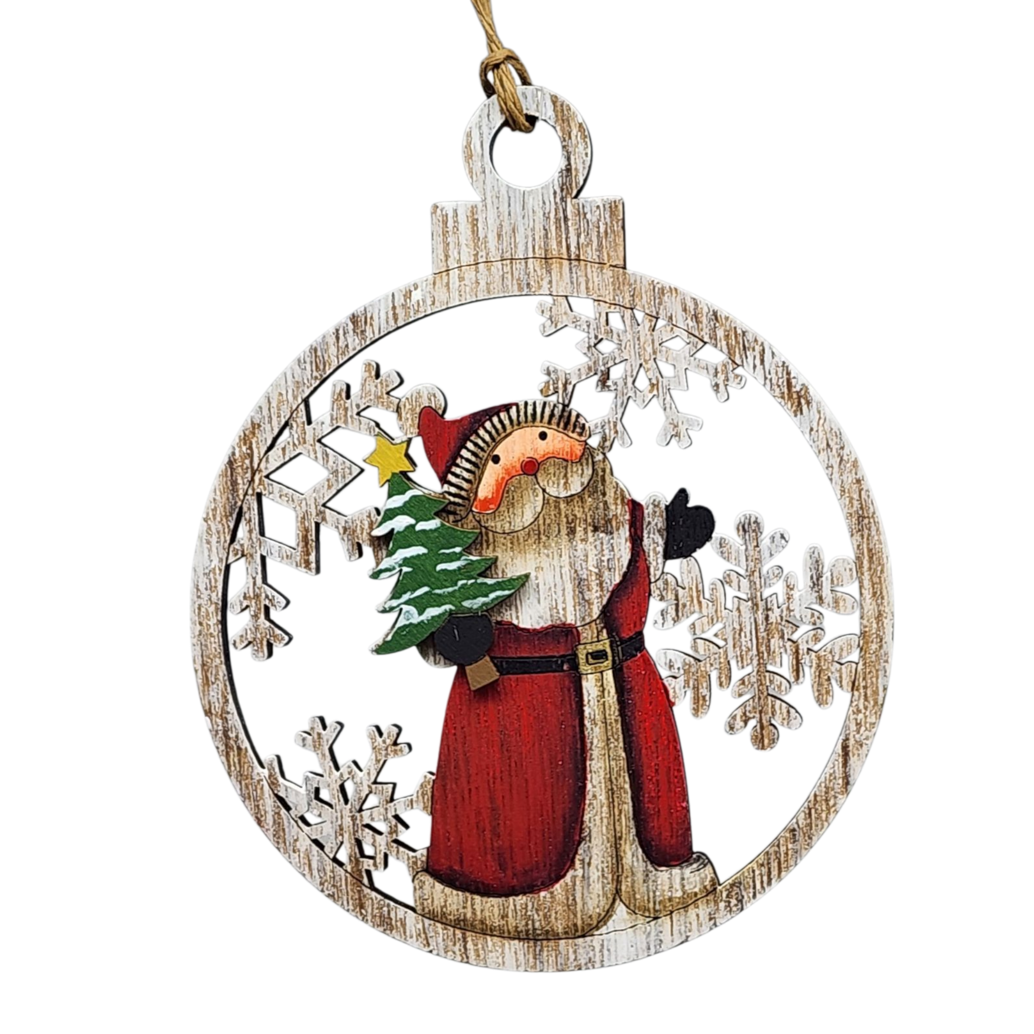 Wooden Ornament - Cheerful Santa with Christmas Tree