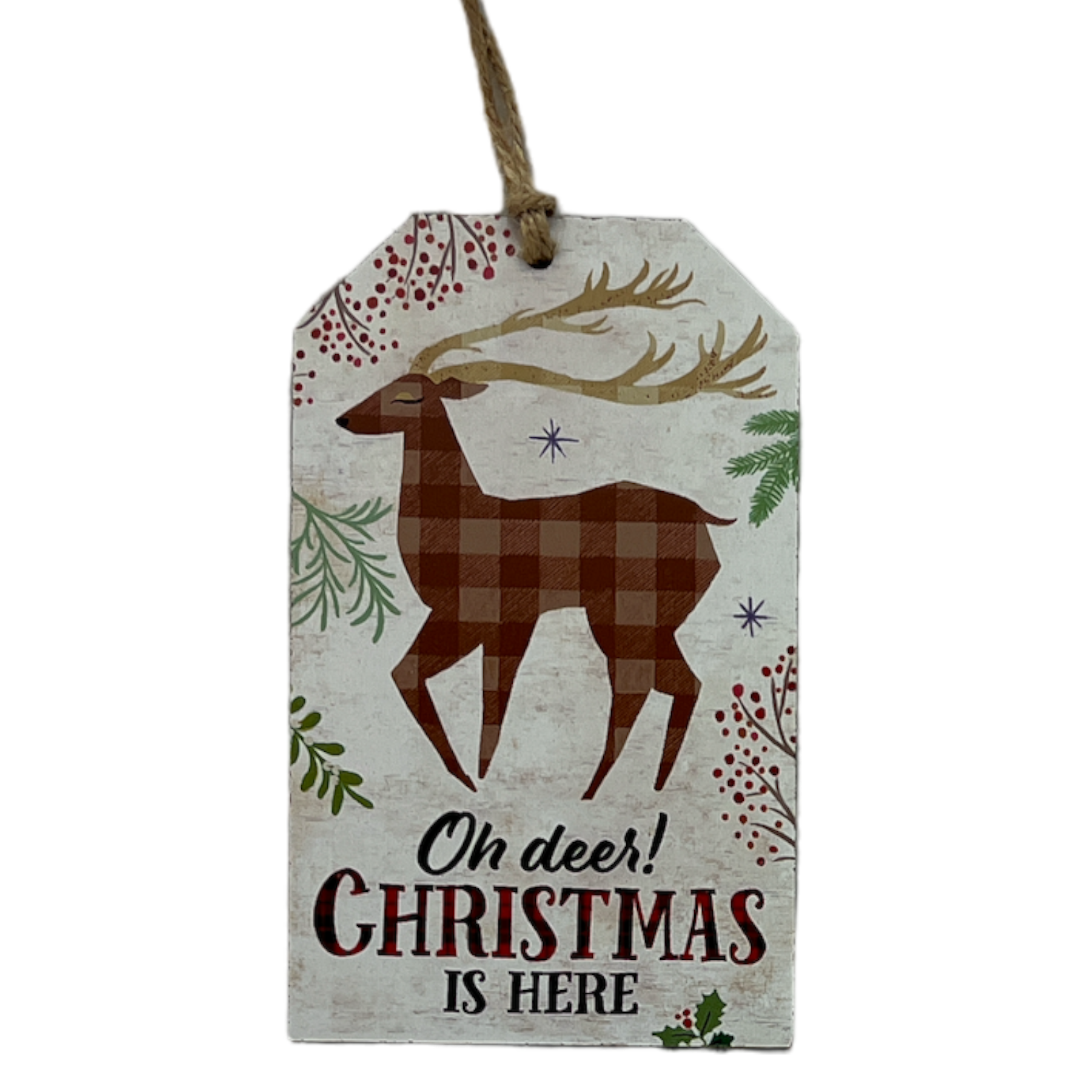 Wooden Plaid Gift Tag Ornament - Oh Deer! Christmas Is Here