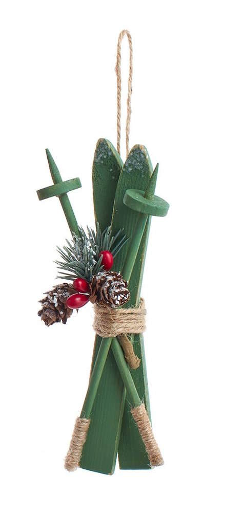 Wooden Skis With Holiday Décor Ornament -