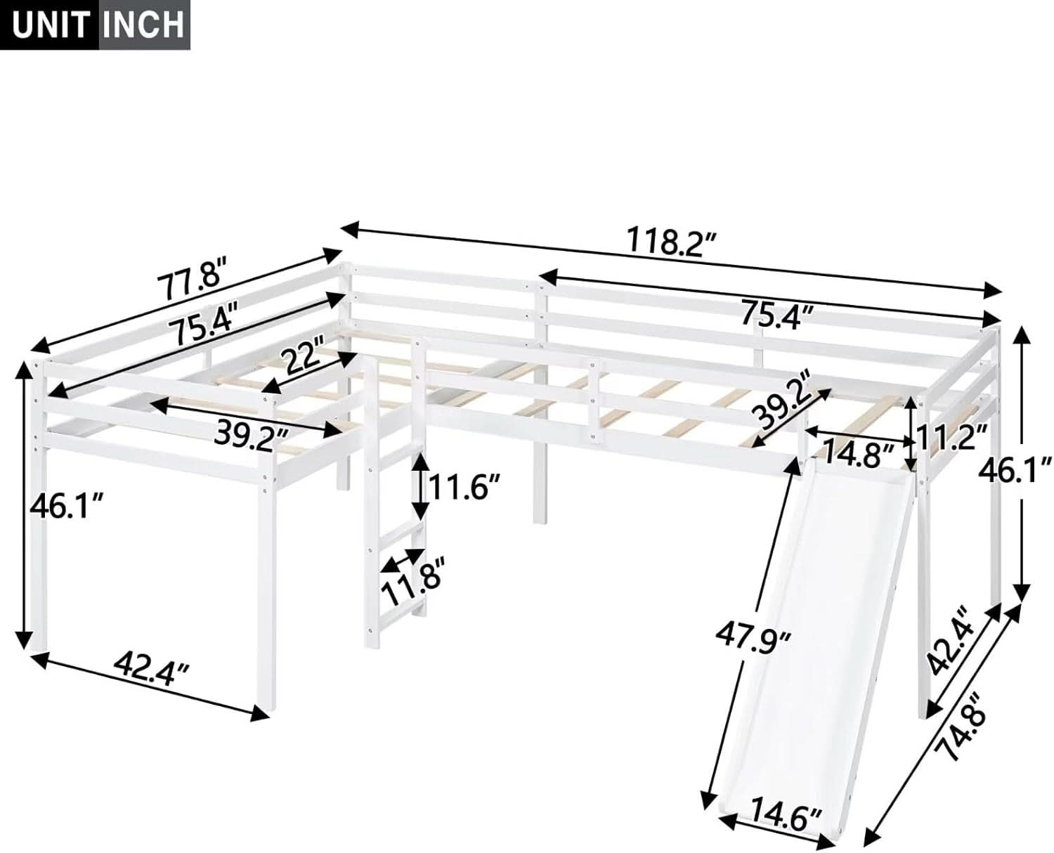 Wooden Twin Loft Bed With Slide And Ladder White For Kids Teens