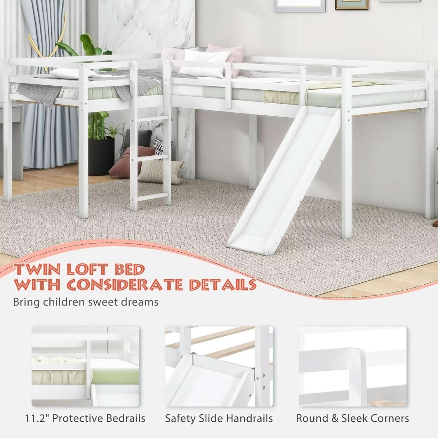 Wooden Twin Loft Bed With Slide And Ladder White For Kids Teens