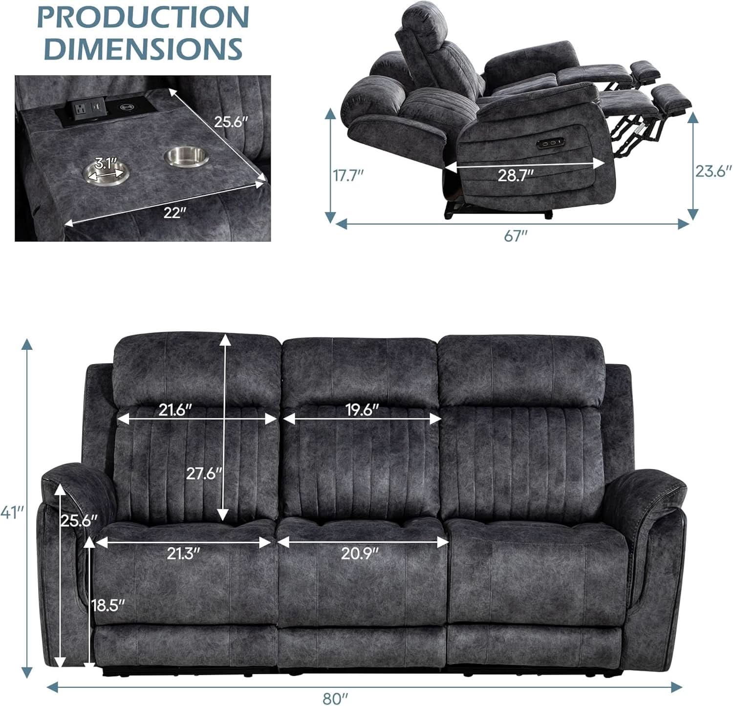 Zero Gravity Power Reclining Sofa Grey With USB Ports