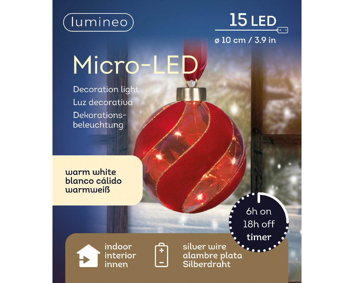 Micro LED Lighted Glass Ball Ornament - Red Velvet with Warm White Lights
