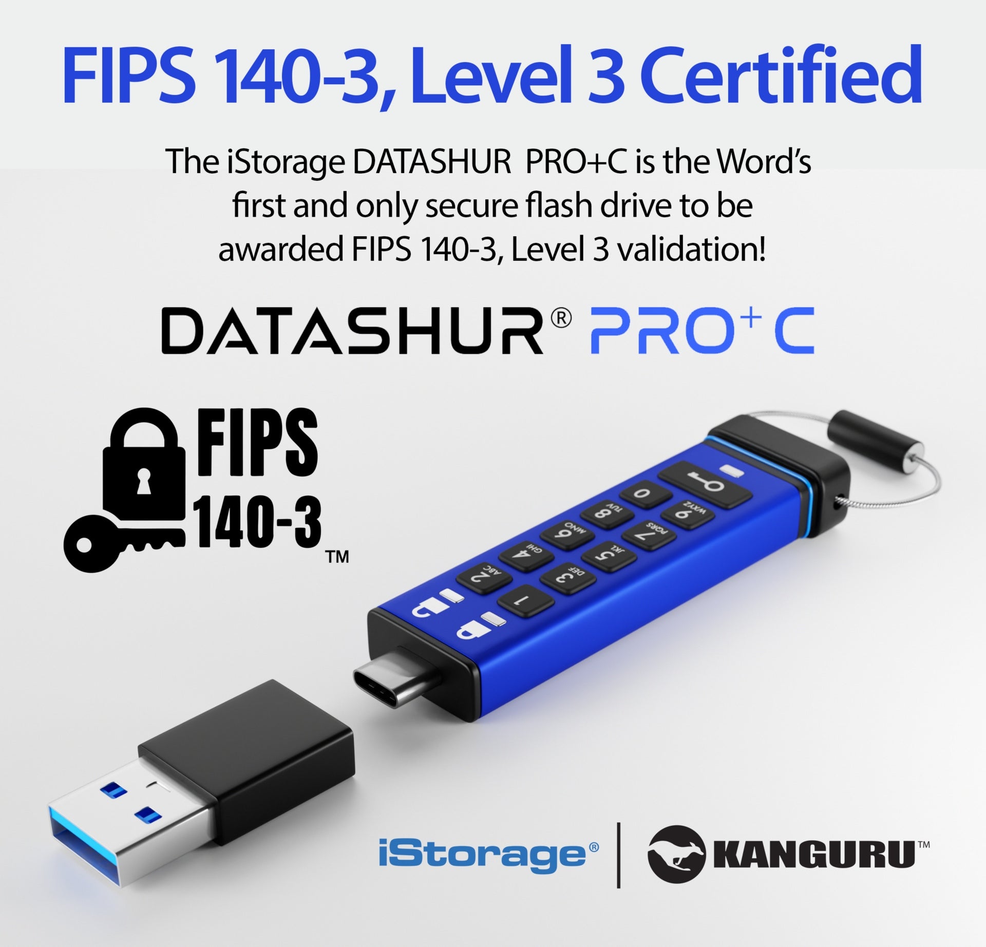 iStorage datAshur PRO+C 128GB USB-C FIPS 140-3 Level 3 Secure PIN Flash Drive