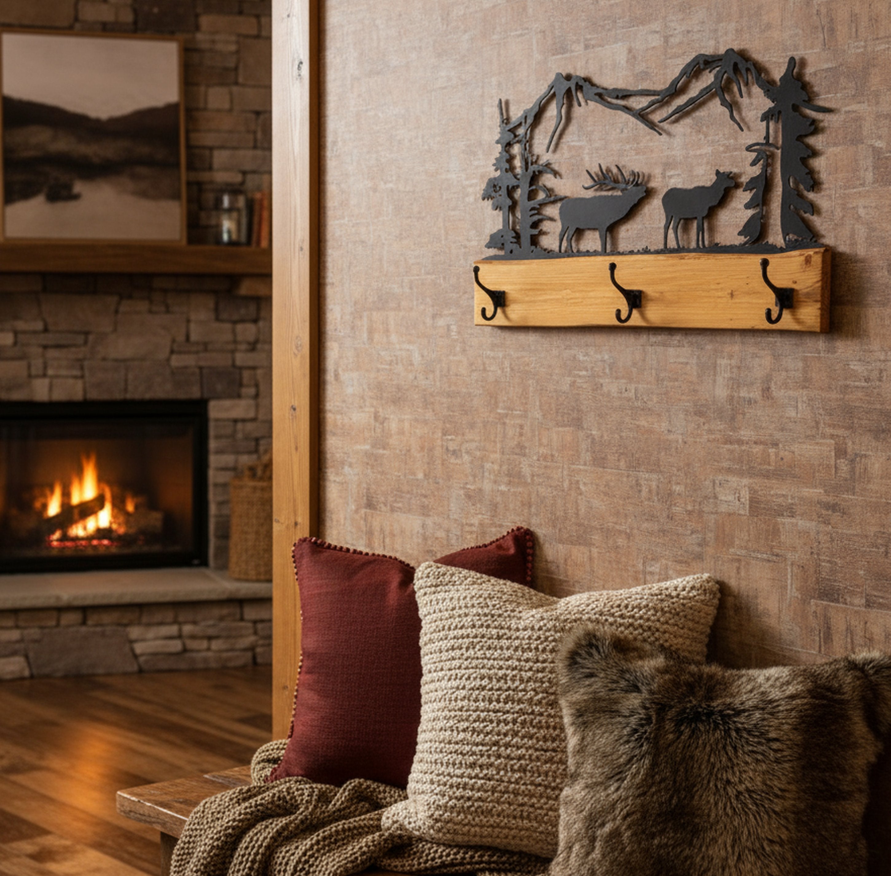 Rustic Coat Rack With 3 Hooks - Pine Wood Coat Hanger with Wilderness Metal Art Silhouette