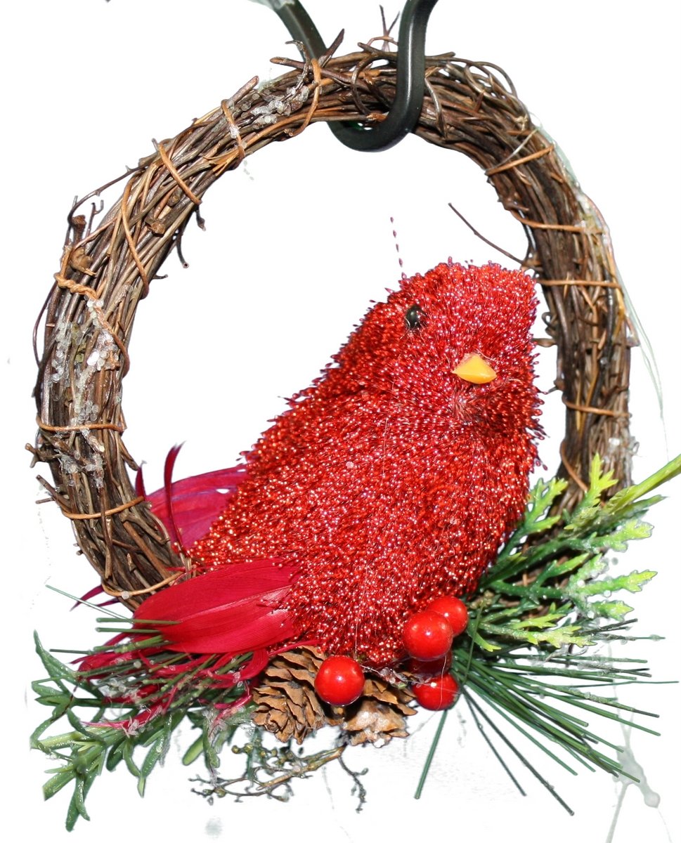Bird on Wreath Ornament Red 5"