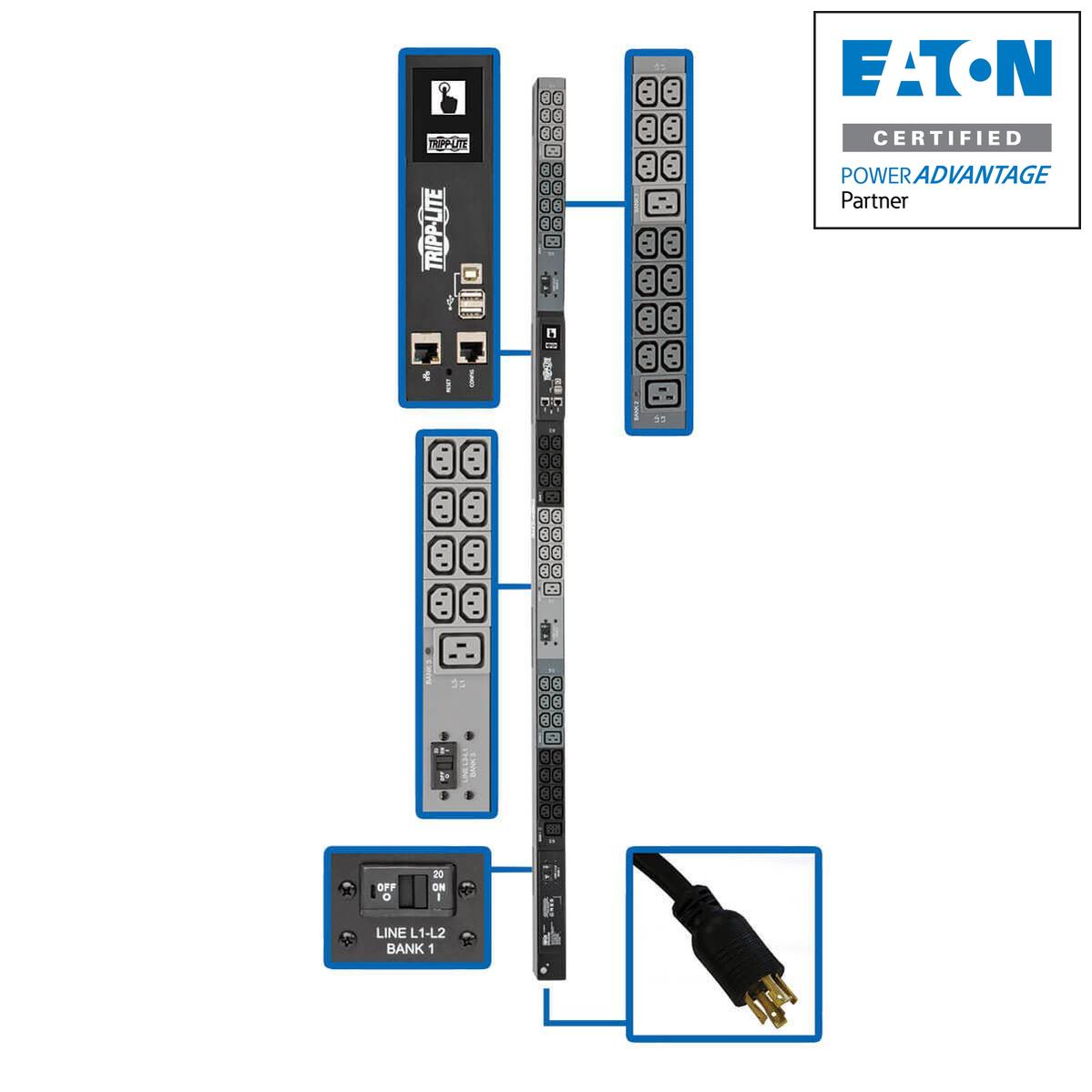 10kW Monitored PDU 3-Phase - LX Platform Network PDU with Touchscreen | TecISoft PDU3EVN6L1530B