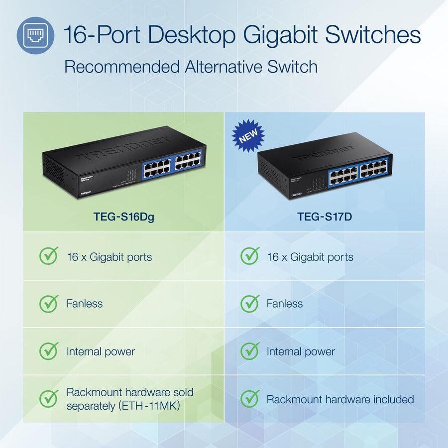 16-Port Gigabit Desktop Switch - Energy Efficient GREENnet Technology | TRENDnet TEG-S16DG