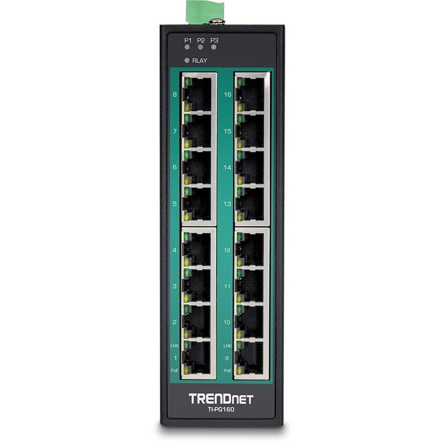 16-Port Industrial Gigabit PoE+ DIN-Rail Switch - TRENDnet TI-PG160