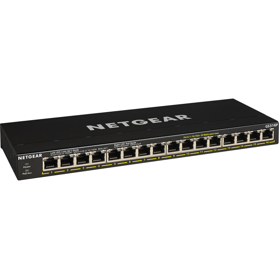 16-Port PoE Switch - Gigabit Ethernet Unmanaged Essentials | Netgear GS316P-100NAS