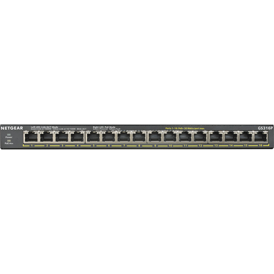 16-Port PoE Switch - Gigabit Ethernet Unmanaged Essentials | Netgear GS316P-100NAS