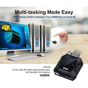2-Port USB 4K HDMI KVM Switch - Remote Port Selector Cable KVM | ATEN CS22H