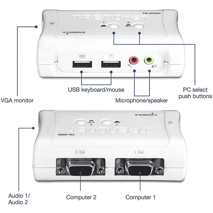 2 Port USB KVM Switch Kit Audio VGA - Desktop Computer Control | TRENDnet TK-209K