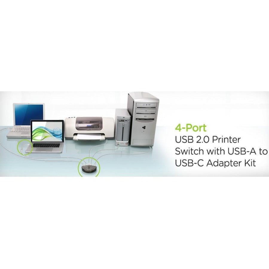 IOGEAR 4-Port USB 2.0 Printer Switch with USB-A to USB-C Adapter Kit GUB431CA1KIT