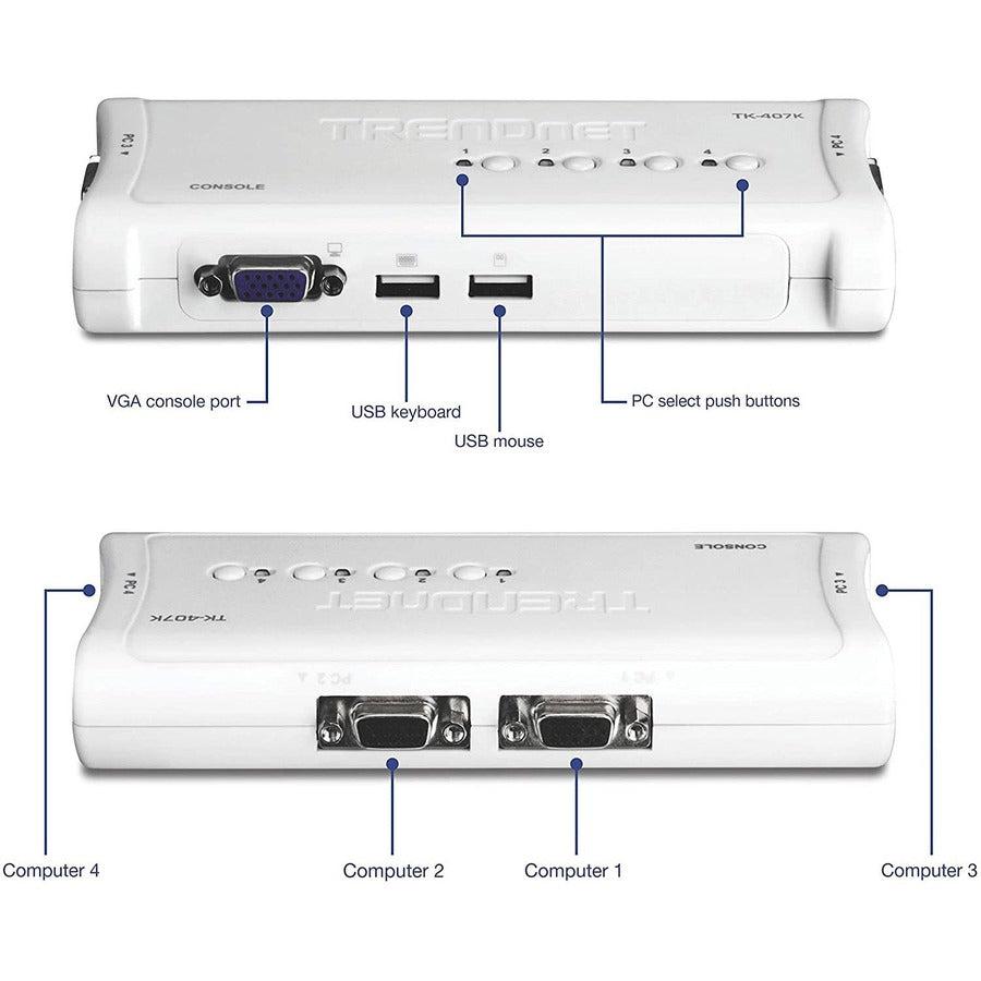 4 Port USB KVM Switch with Cables - VGA Computer Switching Solution | TRENDnet TK-407K