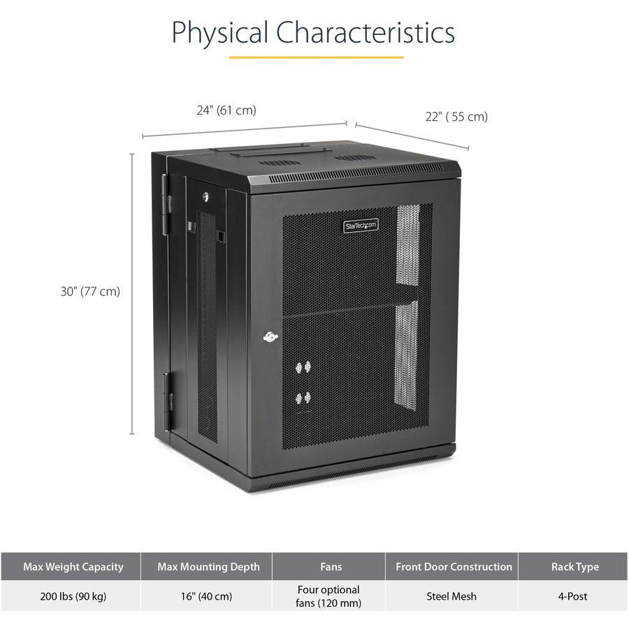 4-Post 15U Wall Mount Network Cabinet with 1U Shelf, 19" Hinged Wall-Mounted Server Rack RK1520WALHM