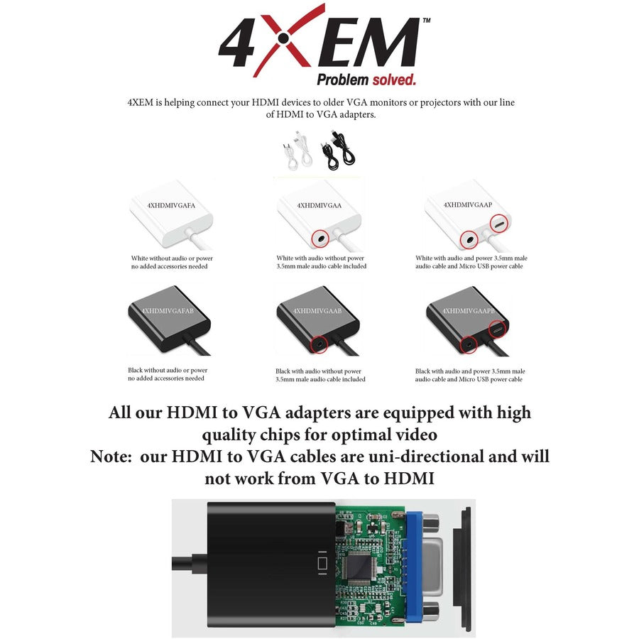 4XEM HDMI to VGA Adapter With 3.5mm Audio Cable and Power- White 4XHDMIVGAAP