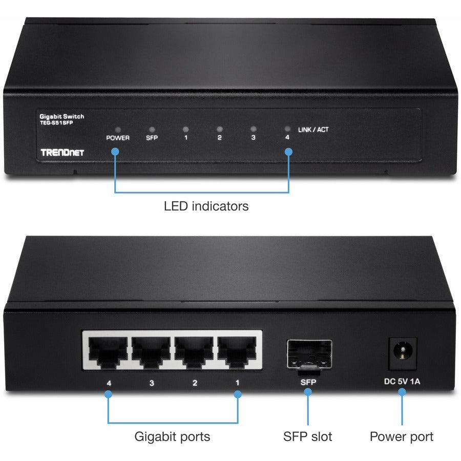 5 Port Gigabit Switch SFP - Fanless Desktop Network Switch | Tecisoft TEG-S51SFP