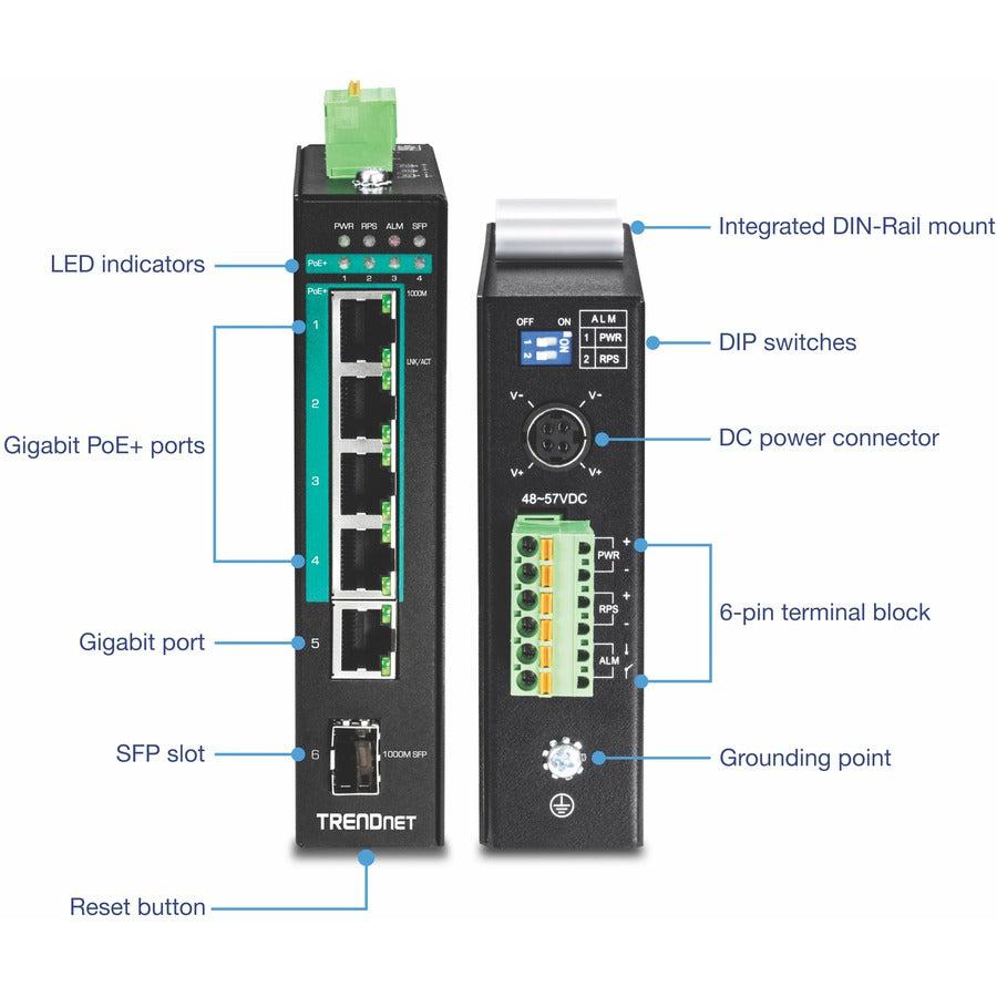 5-Port Hardened Industrial Gigabit PoE+ DIN-Rail Switch - TRENDnet TI-PG541