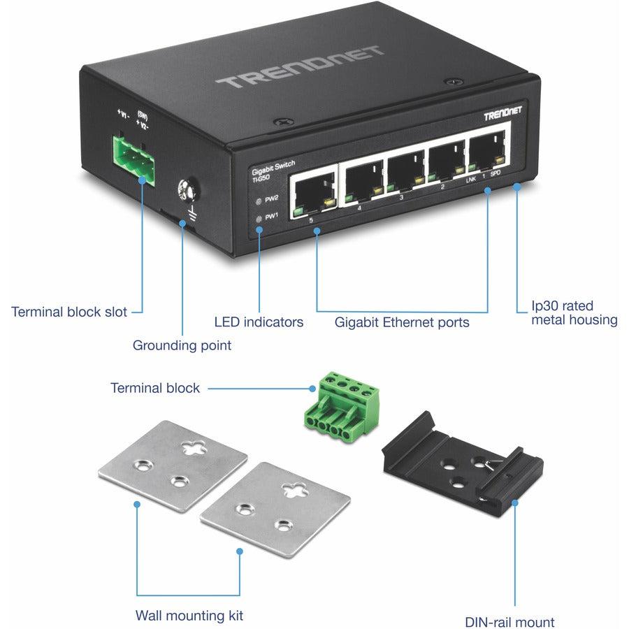 5-Port Industrial Gigabit Ethernet DIN-Rail Switch - TRENDnet TI-G50