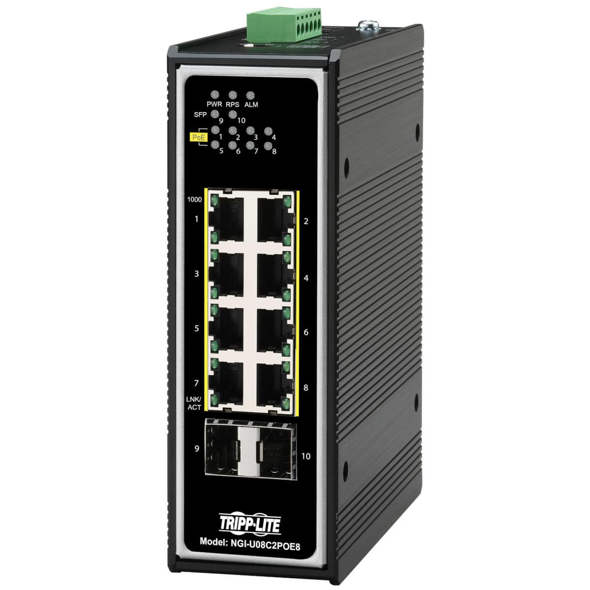 8-Port Industrial Network Switch Gigabit Unmanaged 30W PoE+ SFP DIN Mount - Tripp Lite by Eaton NGI-U08C2POE8