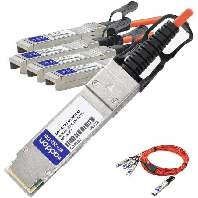 AddOn Cisco Compatible TAA Compliant 40GBase-AOC QSFP+ to 4xSFP+ Direct Attach Cable (850nm, MMF, 30m) QSFP-4X10G-AOC30M-AO