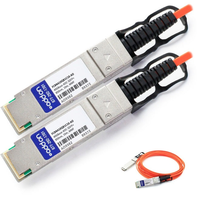 AddOn Finisar FCBN410QB1C10 Compatible TAA Compliant 40GBase-AOC QSFP+ to QSFP+ Direct Attach Cable (850nm, MMF, 10m) FCBN410QB1C10-AO