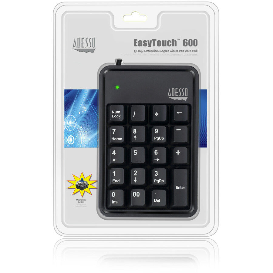 Adesso 19-Key Mechanical Keypad with 3-Port USB Hub AKB-600HB