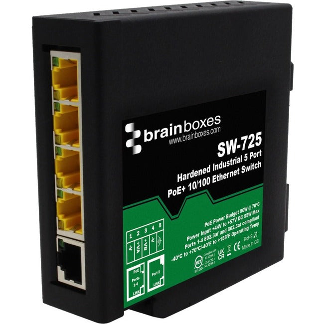 Brainboxes Hardened Industrial 5 Port Poe+ 10/100 Ethernet Switch