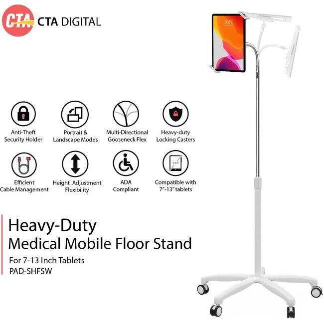 CTA Digital Heavy-Duty Medical Mobile Floor Stand for 7-13 Inch Tablets (White) PAD-SHFSW