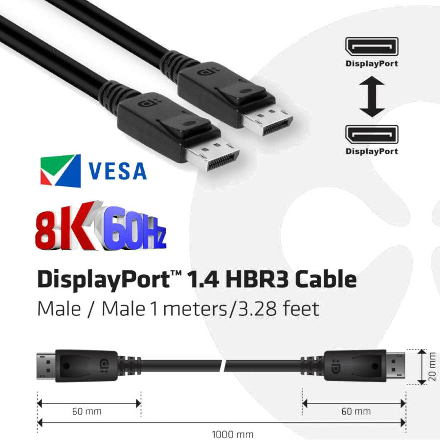 Club 3D DisplayPort 1.4 HBR3 Cable 8K60Hz Male / Male 1m/3.28ft CAC-2067
