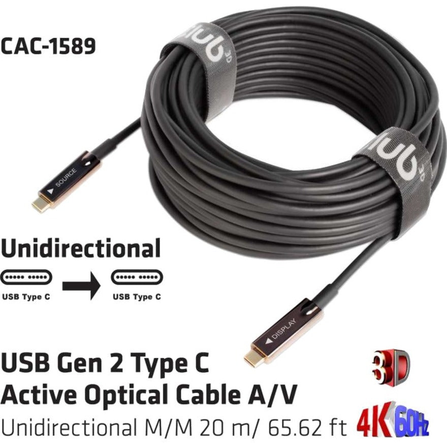 Club 3D USB Gen 2 Type C Active Optical Cable A/V Unidirectional M/M 20 m/ 65.62 ft CAC-1589
