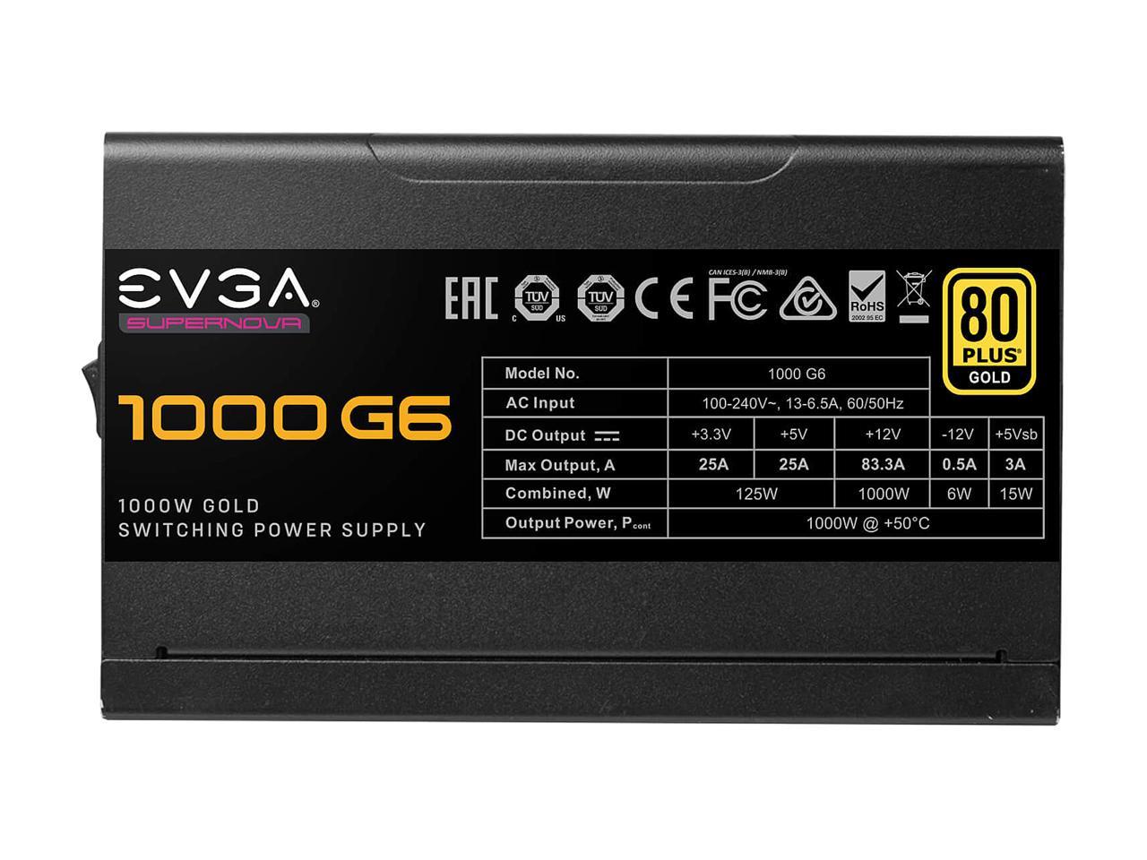 Evga Supernova G6 Series 220-G6-1000-X1 1000W 80 Plus Gold Fully Modular 10 Year Warranty Power Supply