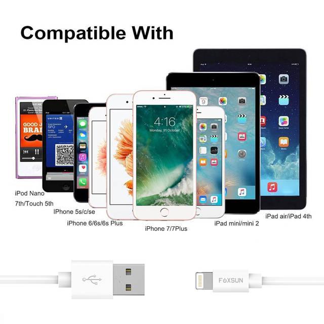 Foxsun Am001006 Iphone Charging Cable 6.6 Ft/2M Lightning Cable For Iphone 7/7Plus/6/6Plus/6S/6S Plus/5/5S/5C/Se, Ipad Pro/Air/Mini (White)