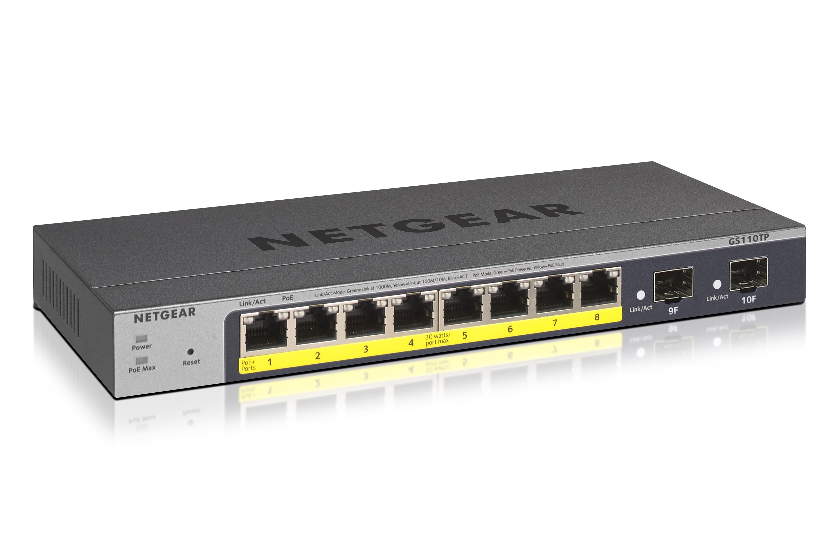 GS110TP - 10-Port Gigabit Ethernet Smart Switch with 8 PoE Ports and 2 Dedicated SFP Ports GS110TP-300NAS